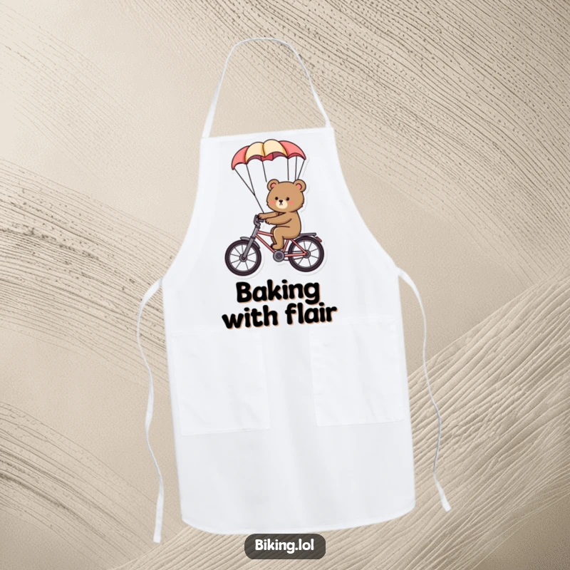 Funny bear apron, a determined bear riding a bike with a parachute, kitchen humor for adventurous cooks.