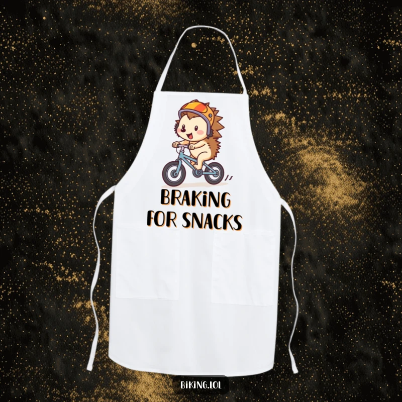 Funny hedgehog in helmet, riding a bike, on a kitchen apron, for cooking with joy.