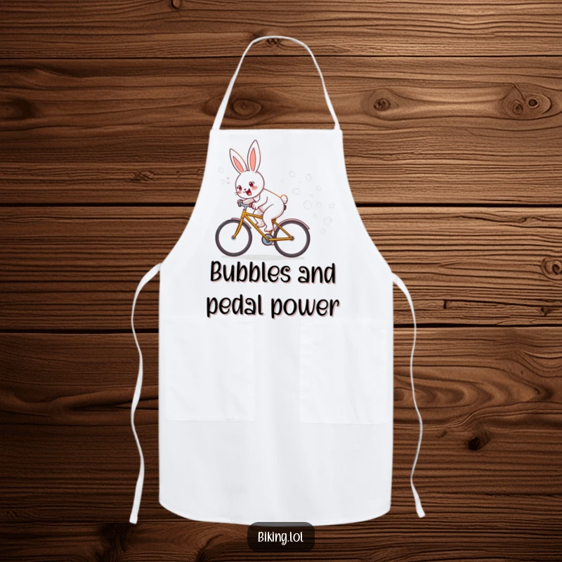 Funny apron showing a happy bunny cycling with a bubbly trail, perfect for cooks who love a laugh, a funny kitchen gift.