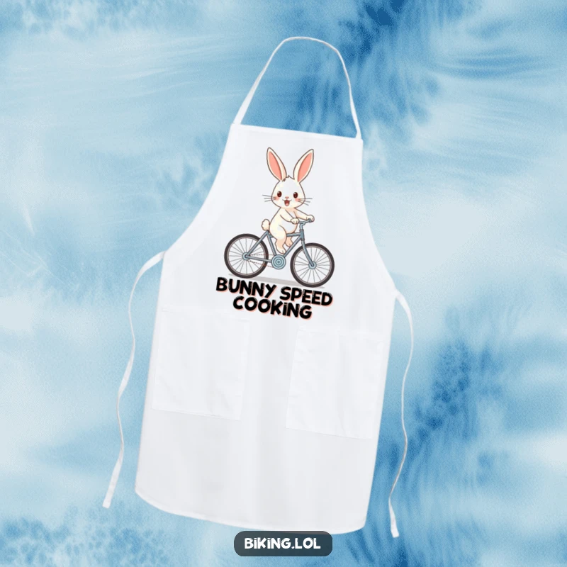 Funny rabbit apron with a cheerful rabbit zooming downhill on a bicycle with wind-swept ears, perfect for kitchen fun.