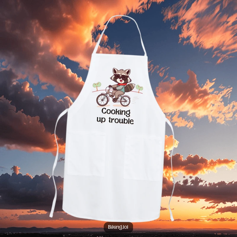 Funny raccoon apron, a jolly raccoon pair speeding downhill on a tiny tandem bike, kitchen humor for fun-loving cooks.