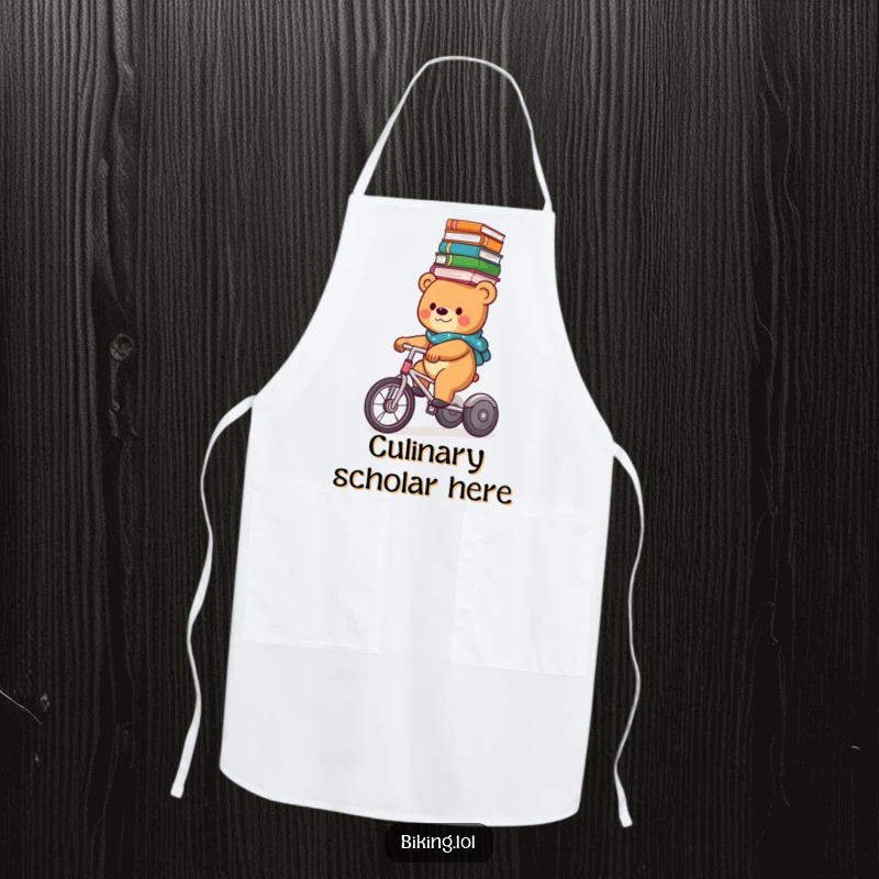 Funny bear character balancing a stack of books on its head while riding a tricycle, printed on a functional kitchen apron.