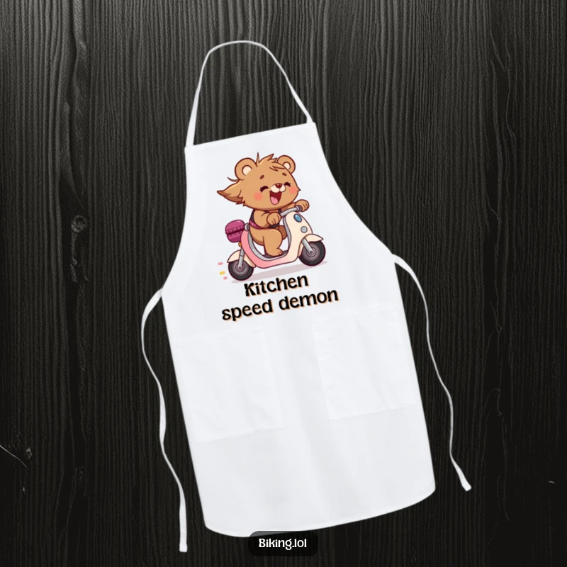 Funny bear cub in an apron, riding a scooter with hair flying, a humorous and practical funny gift for chefs.
