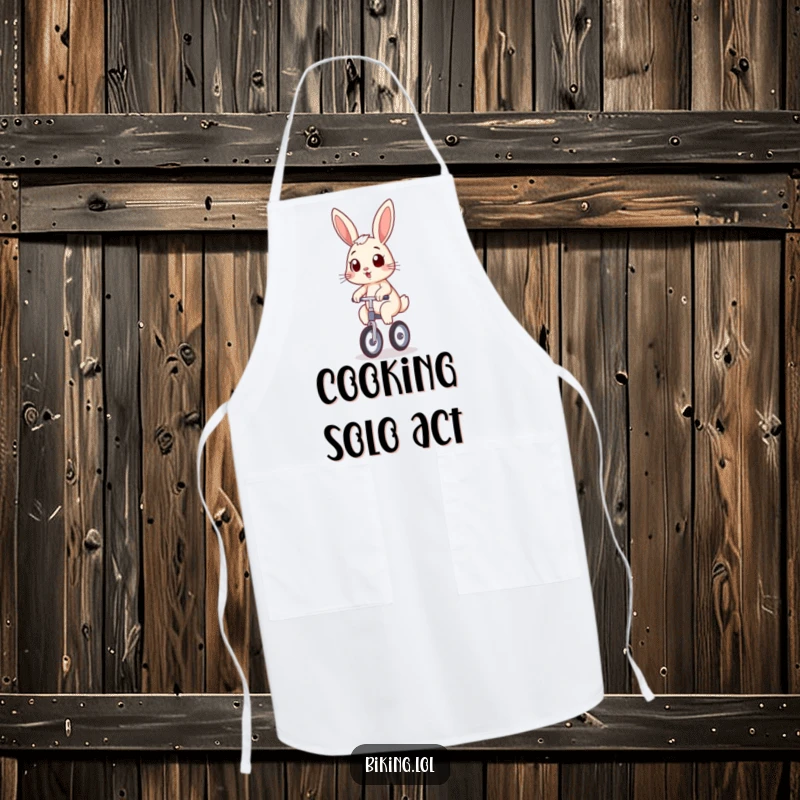 Funny bunny in an apron, wobbling on a unicycle with a determined grin, a humorous and practical funny gift.