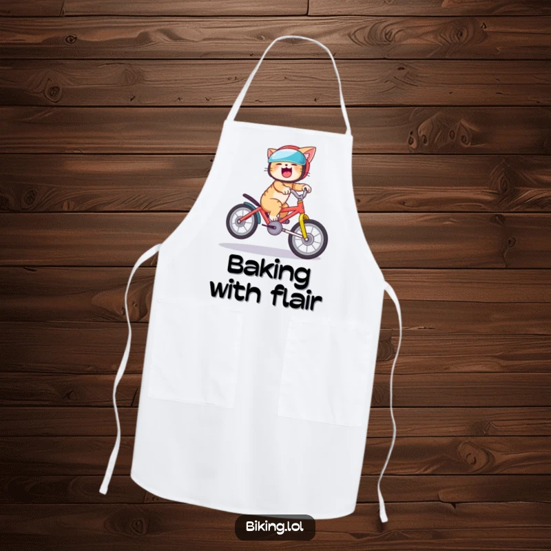Funny cat apron showing a giggling cat wearing a helmet while doing a bike wheelie, blending kitchen practicality with humor.