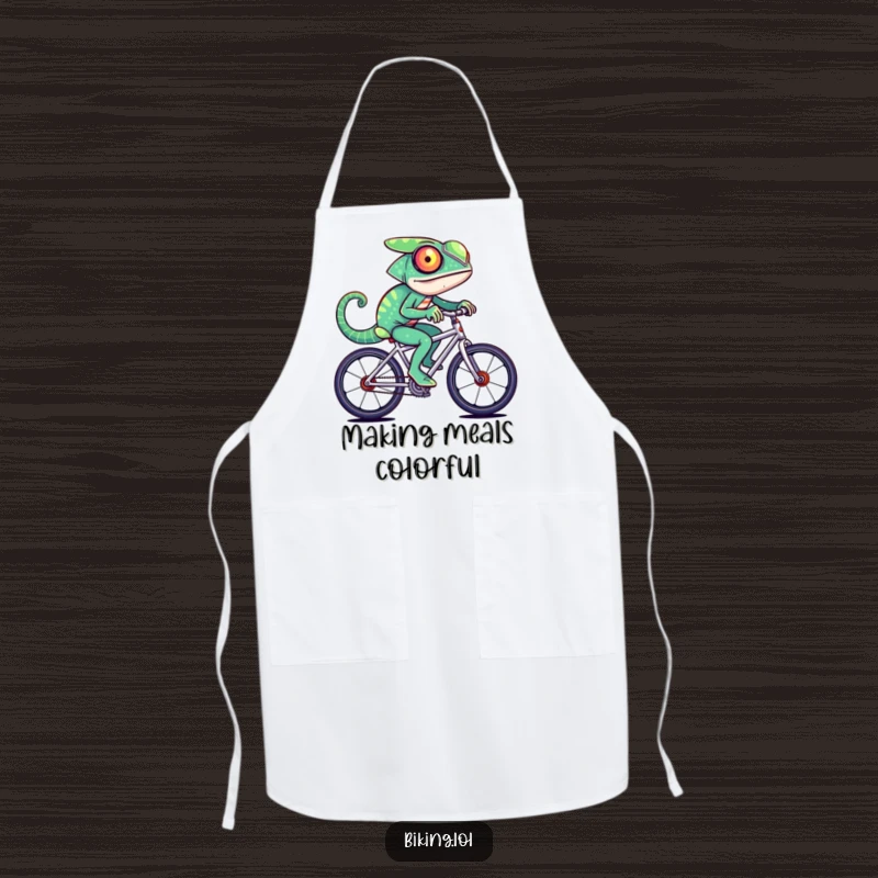 Funny chameleon character changing colors rapidly while riding a fast bicycle, on a functional kitchen apron.