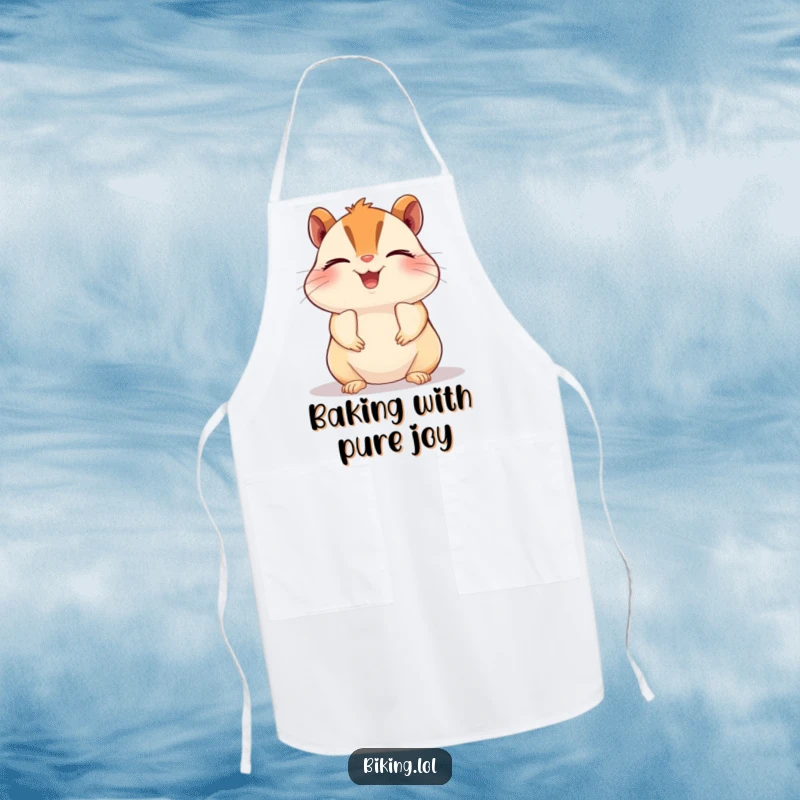 Funny chipmunk apron, a beaming chipmunk pedaling a bike with closed eyes in pure bliss, kitchen humor for joyful cooks.