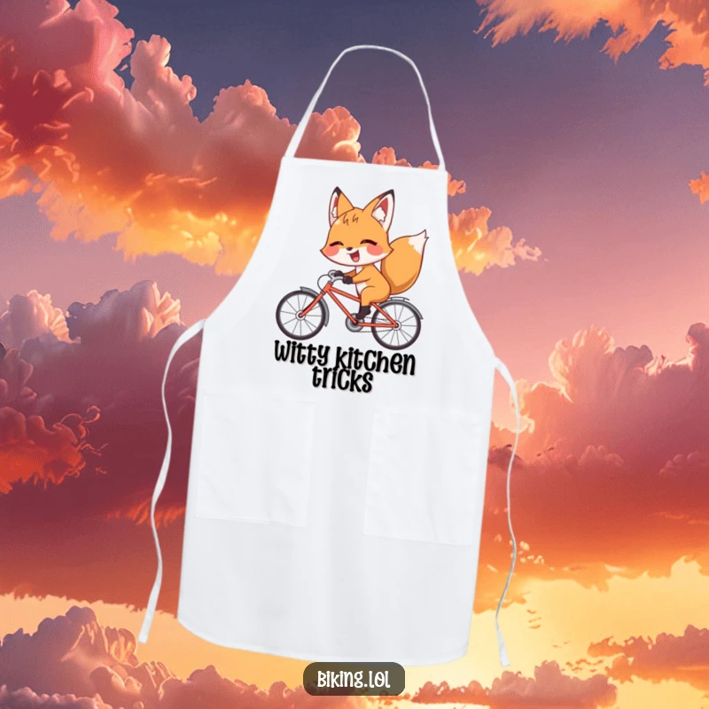 Funny fox apron with a giggling fox riding a bicycle backward with a playful wink, perfect for kitchen fun.