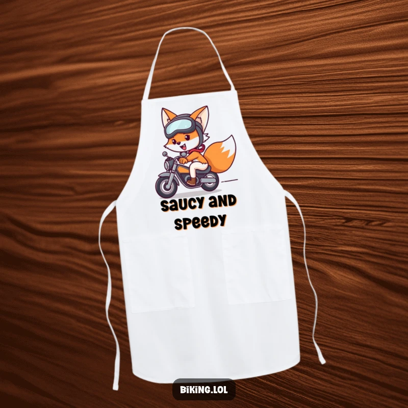 Funny fox in an apron, wearing helmet and goggles, speeding on a bike, a humorous and practical funny gift.