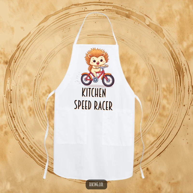 Funny apron showing a tiny hedgehog riding a bicycle downhill, ready for kitchen races, a great funny gift.