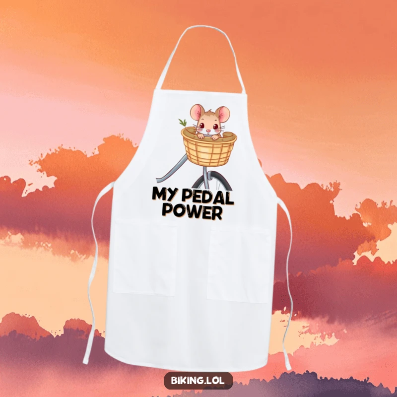 Funny curious mouse peeking from a bicycle basket, a humorous apron design for chefs and home cooks, perfect for kitchen fun.