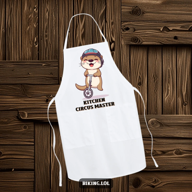 Funny otter apron with a happy otter in a helmet, balancing on a unicycle and juggling, perfect for the kitchen.