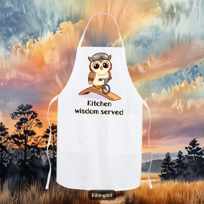 Funny owl wearing a cycling cap, navigating a ramp on a bike, on a kitchen apron, for cooking with elegance.