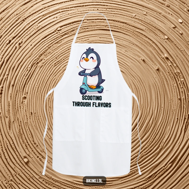 Funny Penguin Apron: An excited penguin determinedly rides a scooter, perfect for kitchen adventures and speedy cooking.