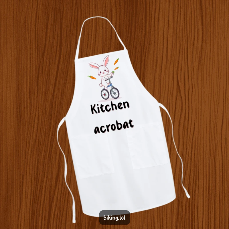 Funny rabbit performing a juggling act with carrots while riding a unicycle, featured on a colorful and funny apron.