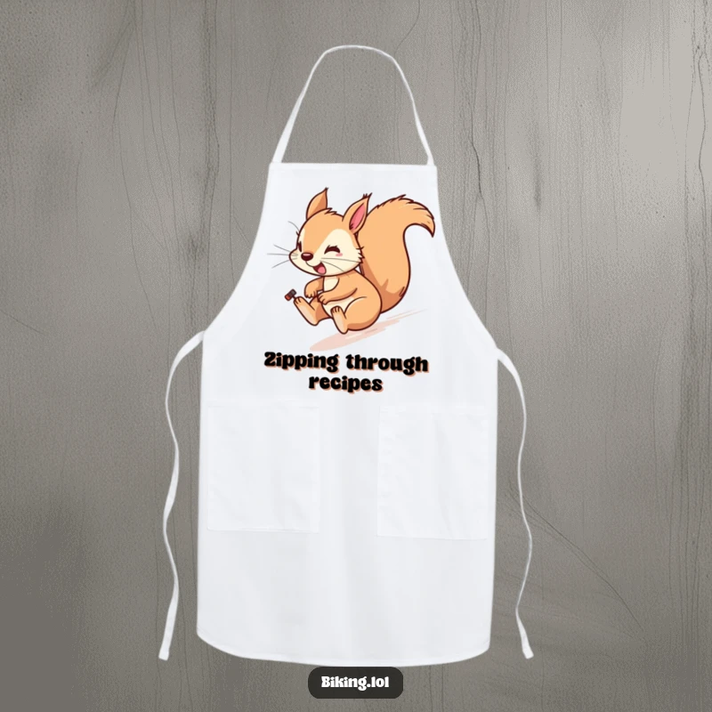 Funny apron showing a playful squirrel cycling downhill fast, wind in fur, for kitchen.
