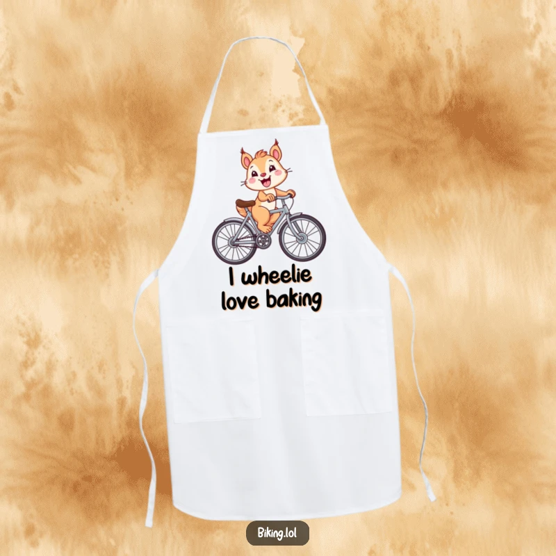 Funny squirrel joyfully riding a bicycle with oversized wheels and a huge grin, featured on this humorous kitchen apron.