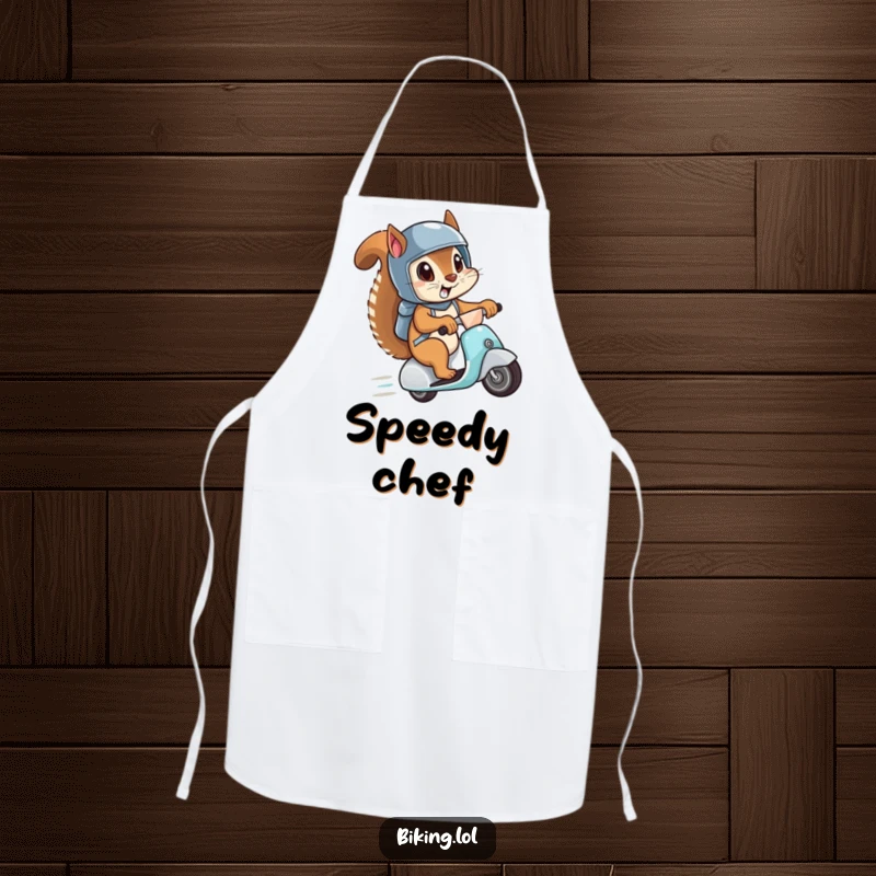 Funny apron illustrating a squirrel wearing a helmet, eyes wide, zipping downhill on a scooter, bringing comic relief to culinary tasks.