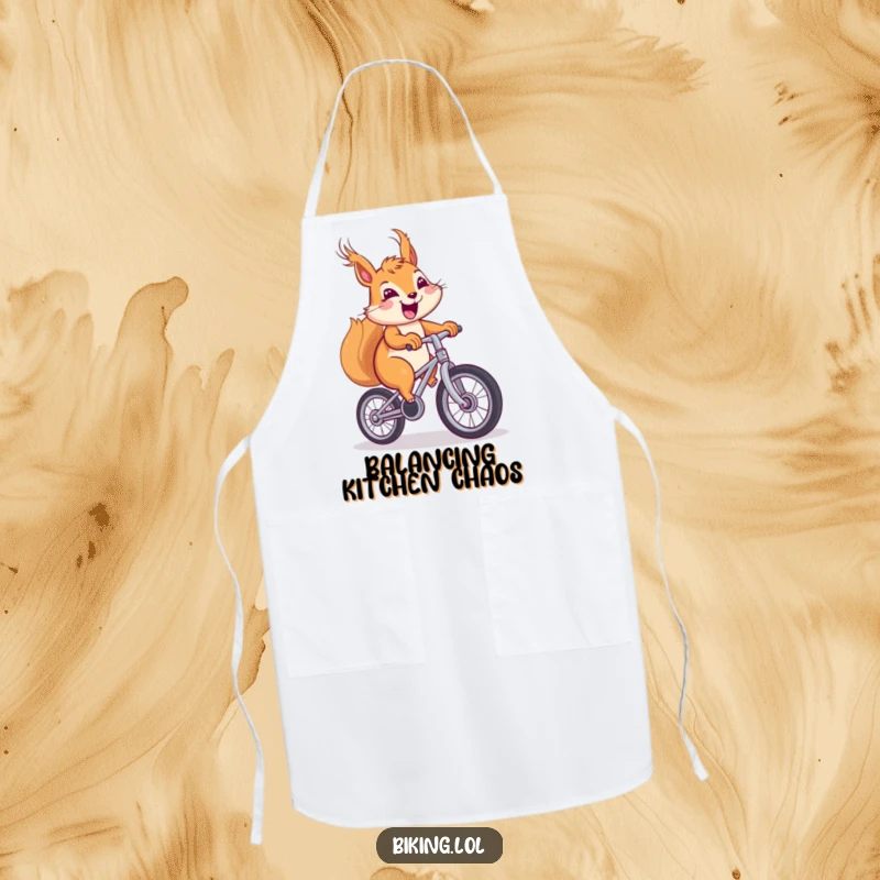 Funny squirrel apron, cheerful squirrel with windblown fur pedaling a unicycle with a big smile in the kitchen.