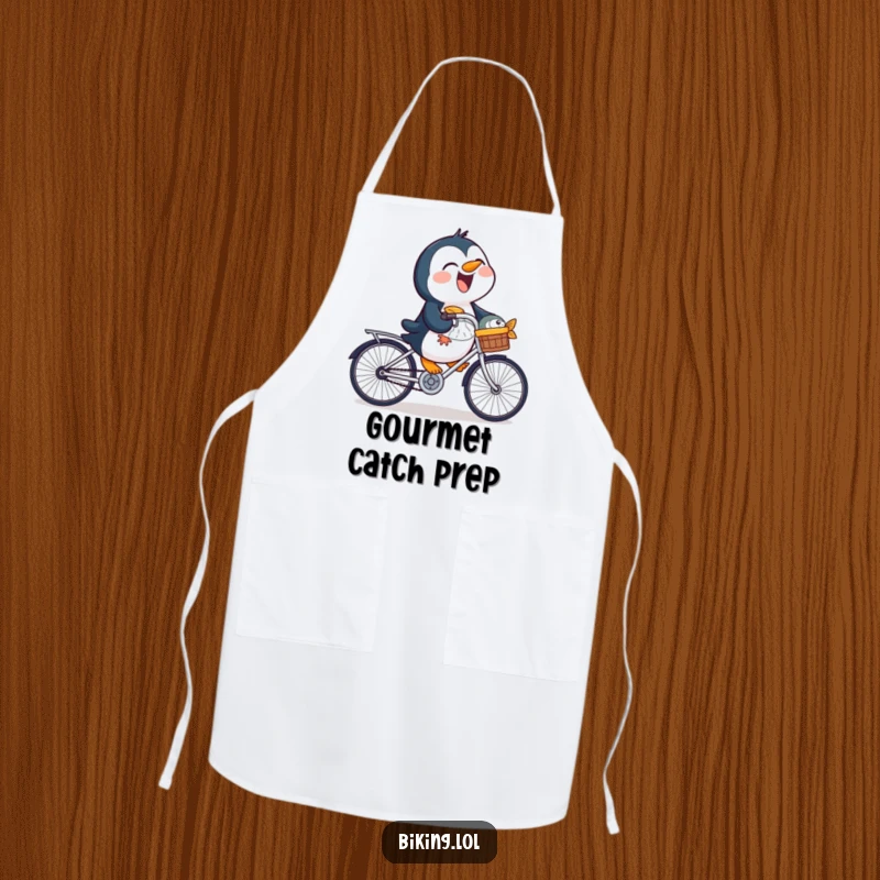 Funny penguin apron showing a laughing bird riding a bicycle with a fish in its basket, a humorous kitchen accessory.