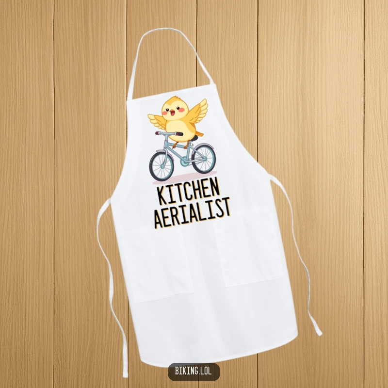 Funny chickadee bird on a tiny bicycle, wings outstretched, a cute and practical apron.