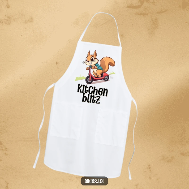 Funny squirrel with a determined, cheeky grin, skillfully riding a scooter, featured on a practical and humorous apron.