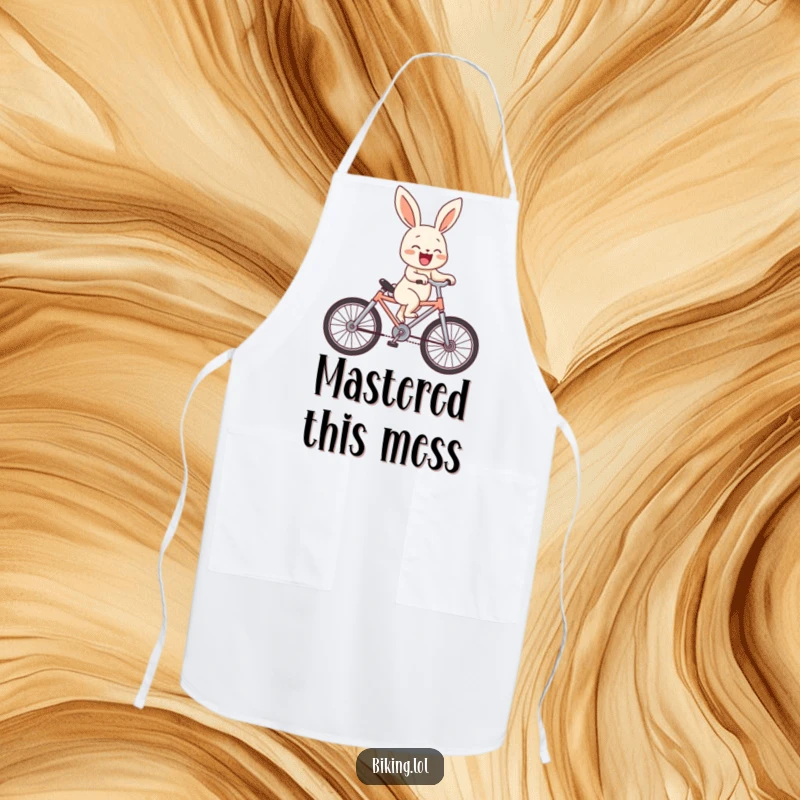 Funny bunny character performing a wheelie on a small bicycle, laughing, featured on a functional kitchen apron.