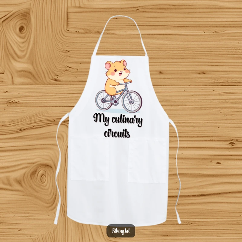 Funny Hamster Power Apron, a smiling hamster, pedaling a bicycle, humorous and practical, perfect for cooking.
