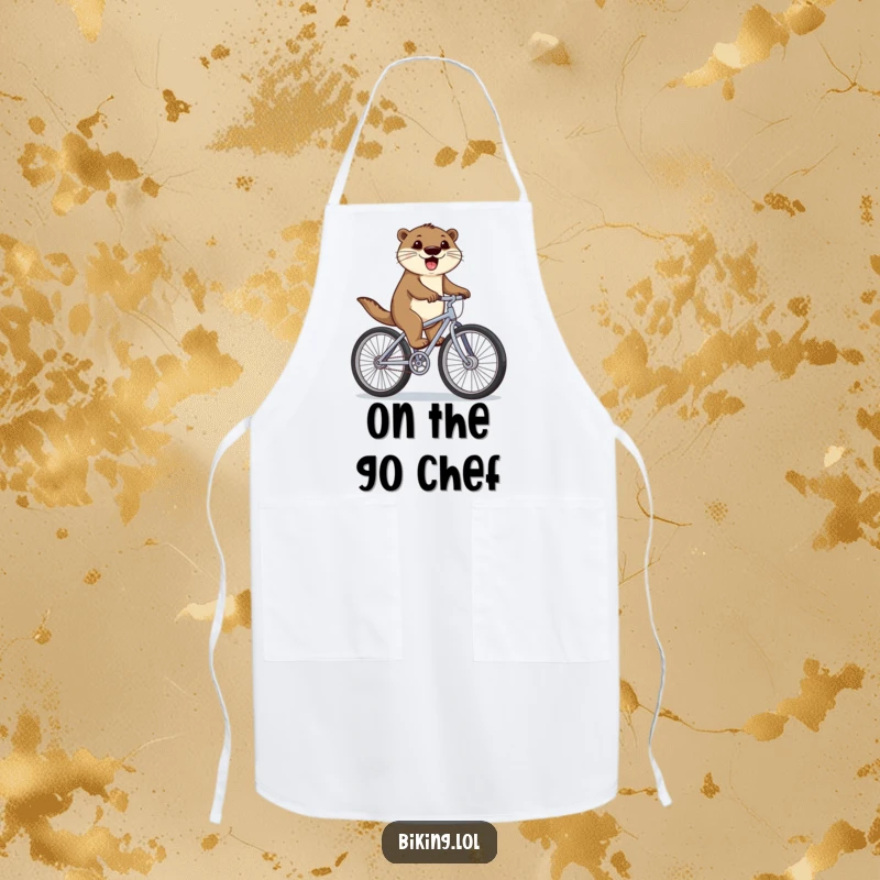 Funny otter wearing an apron, happily cycling in the kitchen with oversized wheels, a humorous and practical funny gift for cooks.