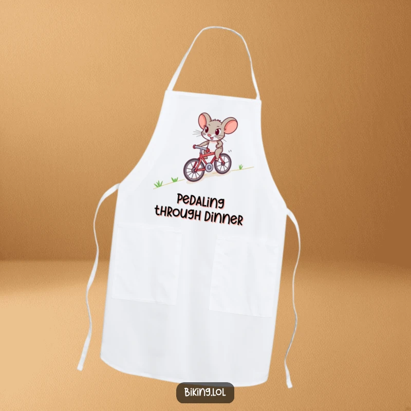 Funny mouse apron showing a brave creature pedaling a tiny bicycle uphill, a humorous kitchen accessory for cooks.