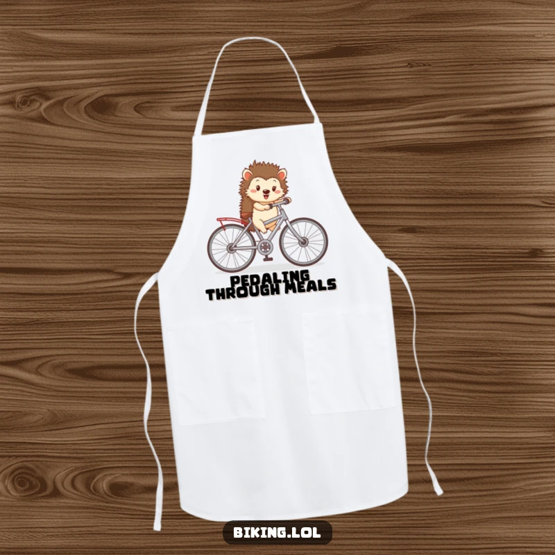 Funny apron design with a happy hedgehog pedaling a tiny bicycle with oversized wheels, making cooking a delightful and adventurous experience.
