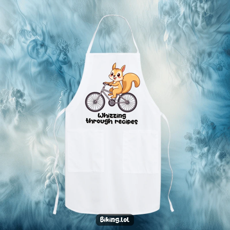 Funny playful squirrel riding a bicycle with large wheels, a humorous and practical apron.