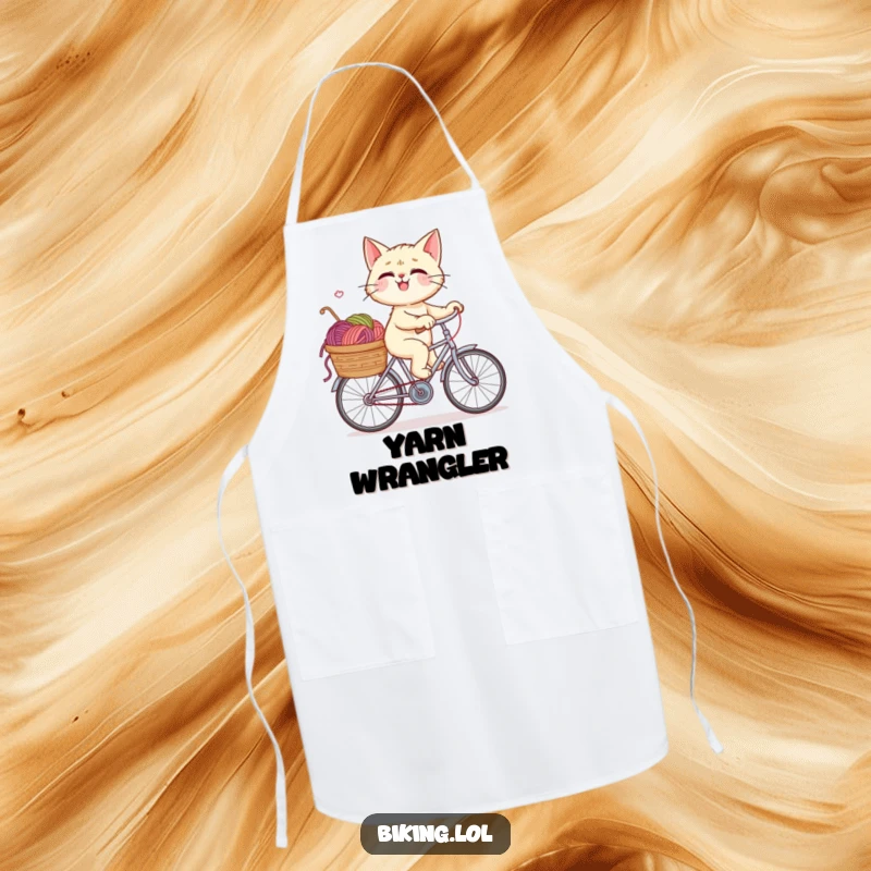 Funny apron design of a giggling cat enthusiastically pedaling a bicycle, its yarn-filled basket ready for kitchen chaos and culinary fun.