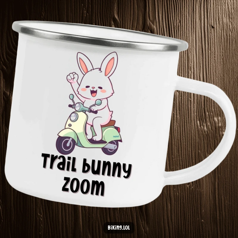 Funny bunny camping mug featuring an energetic bunny riding a scooter and pumping its fist, built for adventure and celebration.