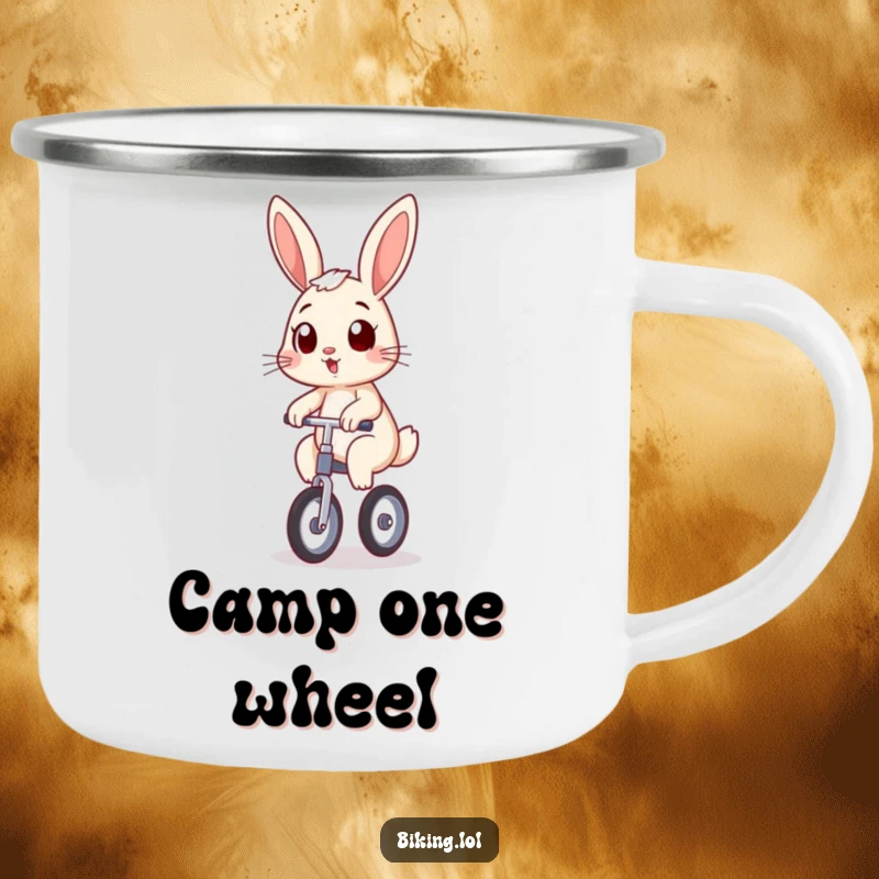 Funny bunny camping mug, wobbling on a unicycle with a determined grin, a durable and humorous funny gift.