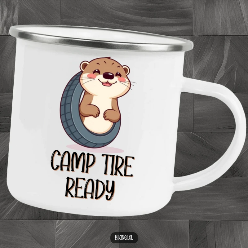 Funny otter camping mug, curious otter enthusiastically pumping a tire with a cheerful grin outdoors.
