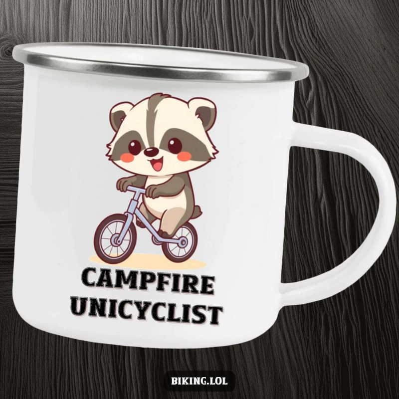 Funny camping mug with a happy badger on a unicycle, waving, perfect for outdoor funny gifts.