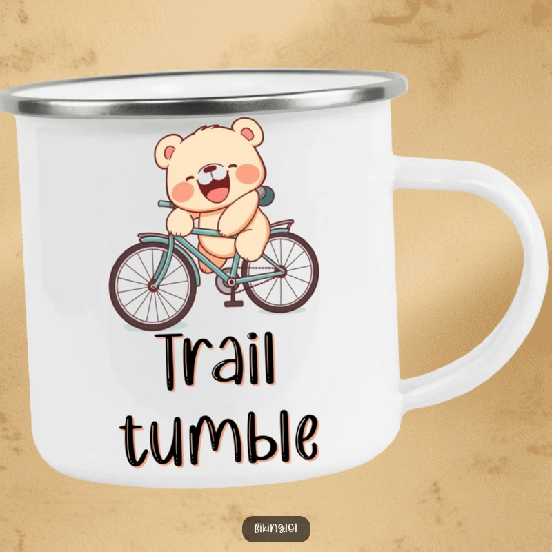 Funny camping mug showing a laughing bear cub tumbling off a bicycle with a silly face, perfect for humor.
