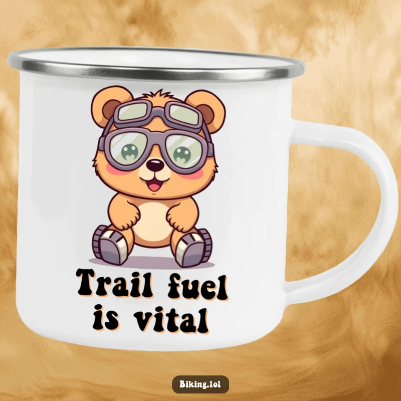 Funny bear with goggles, pedaling hard on a bike, on a metal camping mug, for outdoor effort.