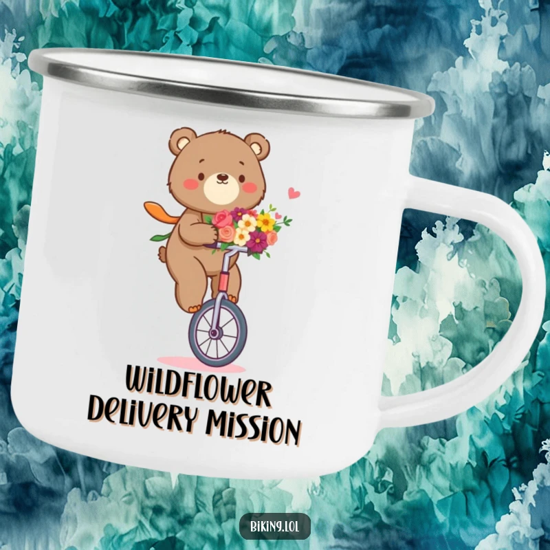 Funny bear camping mug with a determined bear riding a unicycle, holding a bouquet of flowers, durable and charming.