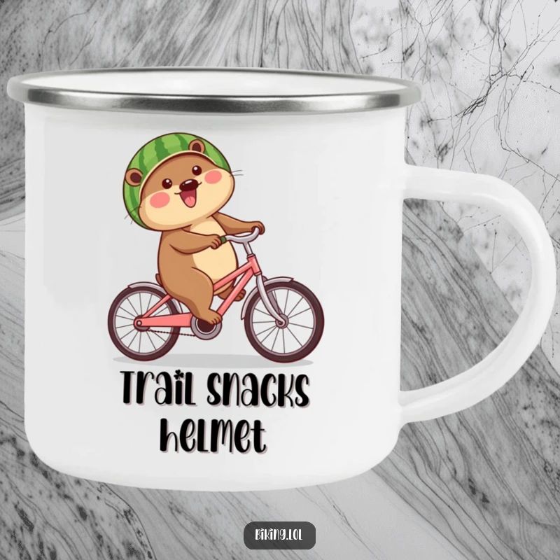 Funny beaver camping mug with a happy beaver biking, sporting a watermelon helmet, designed for outdoor humor and adventure.