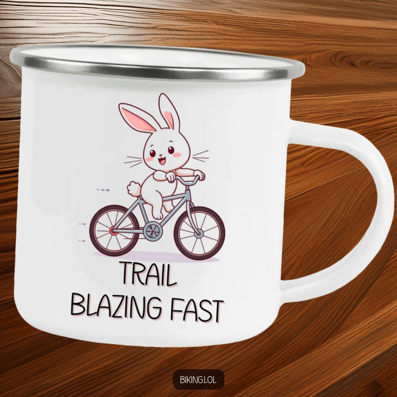 Funny camping mug featuring a joyous bunny riding a tiny bicycle downhill with wind-swept ears, perfect for outdoor enthusiasts.