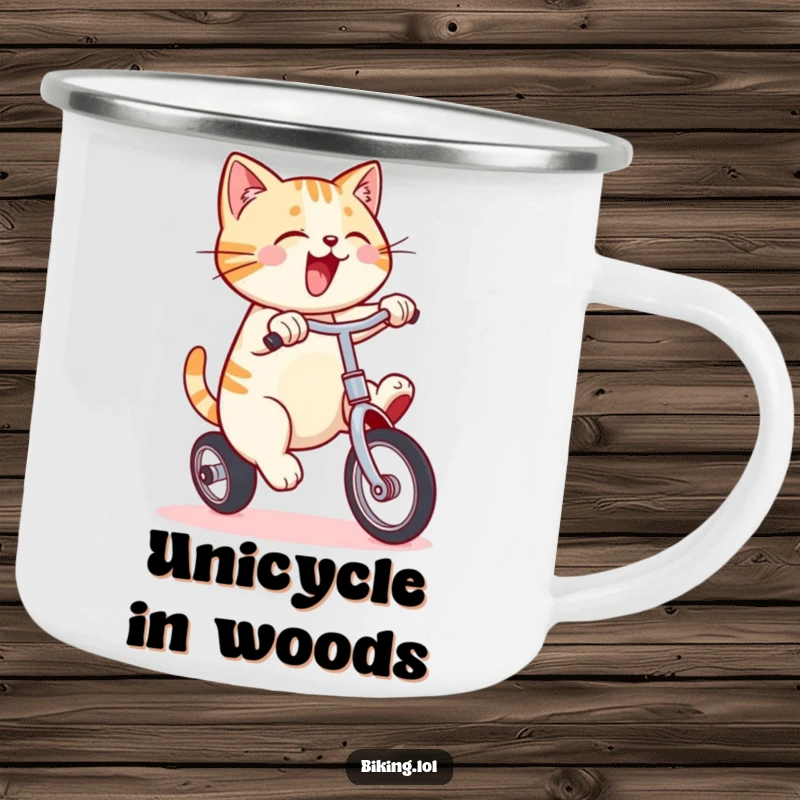 Funny camping mug showing a smiling cat energetically pedaling a unicycle, perfect for outdoor enthusiasts with a sense of humor.