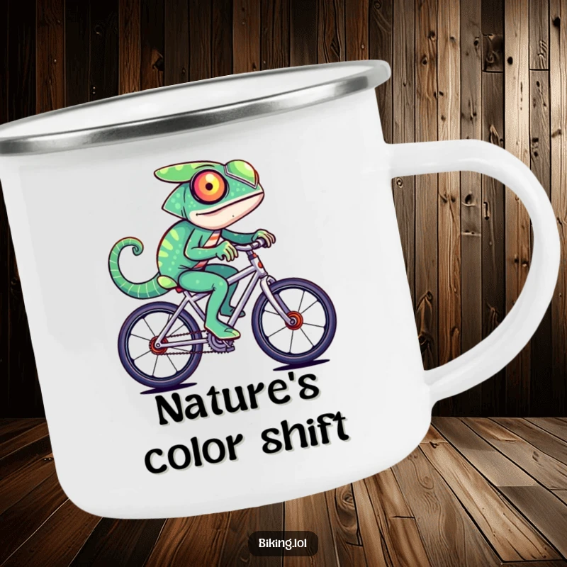 Funny chameleon character changing colors rapidly while riding a fast bicycle, designed for a sturdy camping mug.