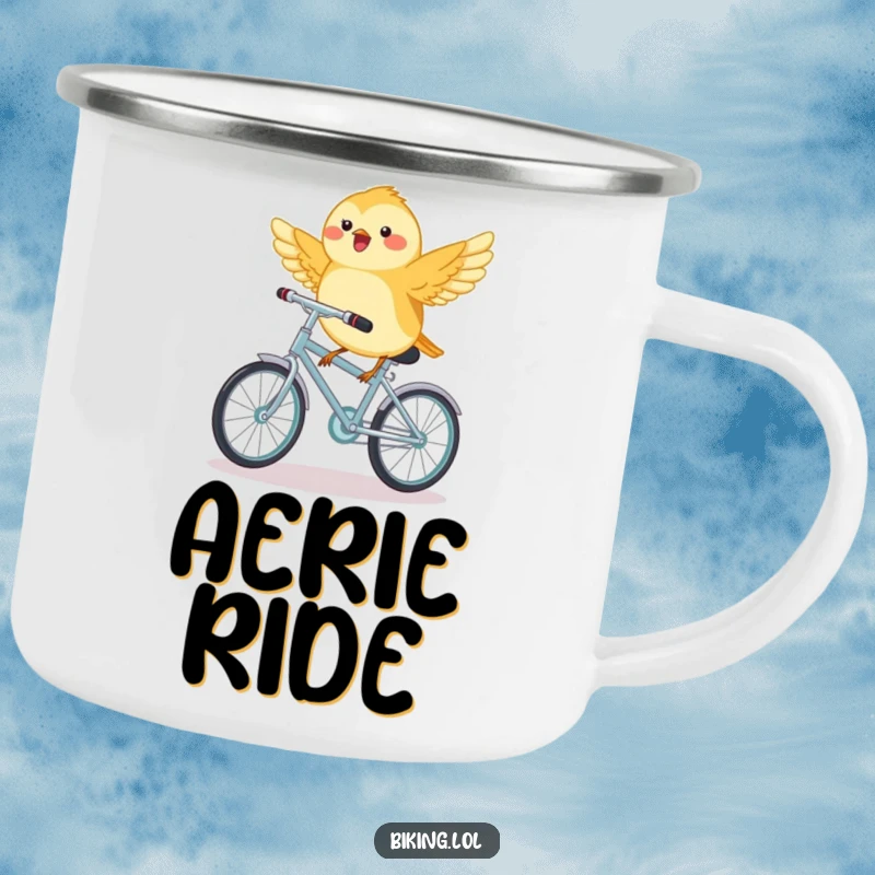 Funny chickadee bird riding a miniature bicycle with wings outstretched, a rugged camping mug.