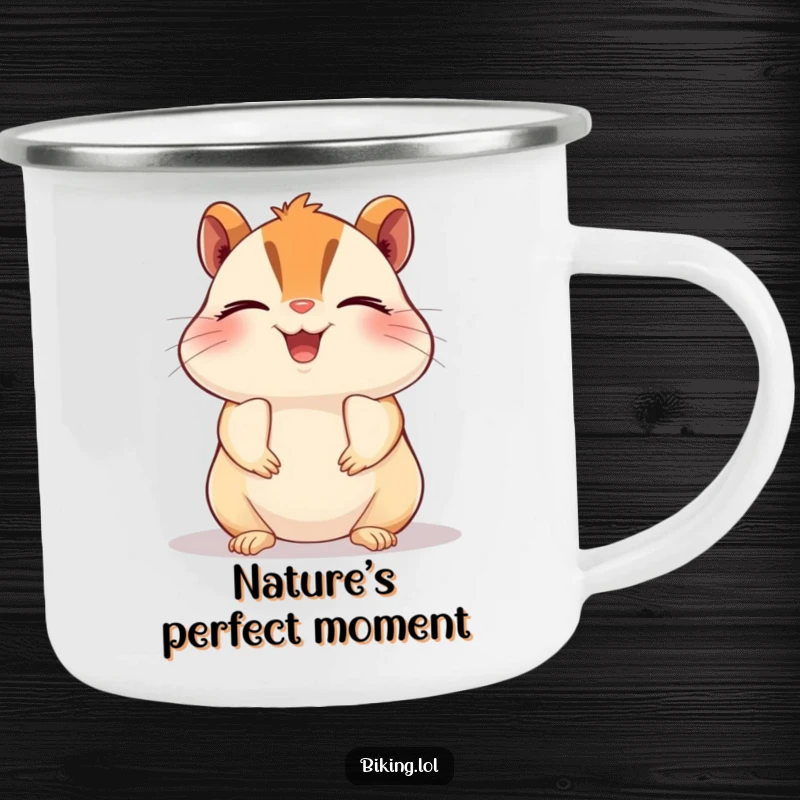 Funny chipmunk camping mug, a beaming chipmunk pedaling a bike with closed eyes in pure bliss, durable and humorous.