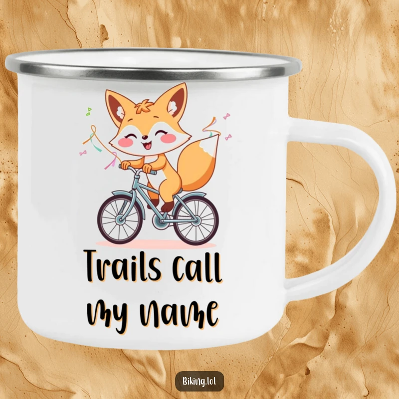 Funny camping mug illustrating a cheerful fox riding a bicycle with streamers, symbolizing adventure and joy.
