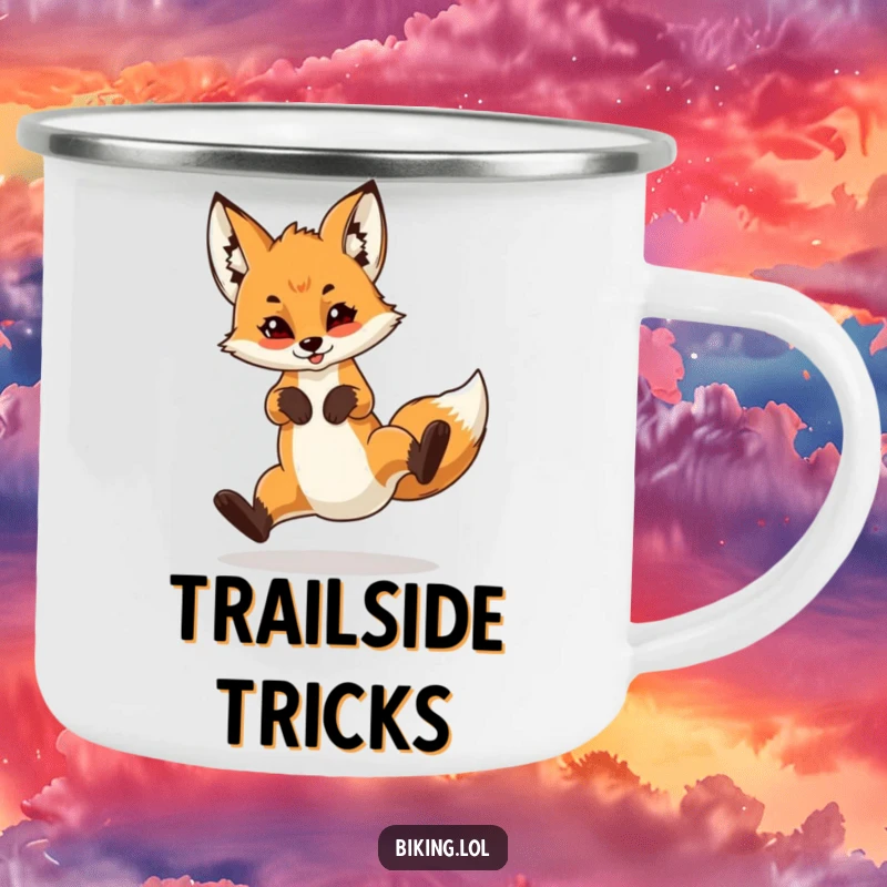 Funny camping mug with a confident fox cub performing a wheelie on a bicycle, ideal for humorous outdoor adventures.