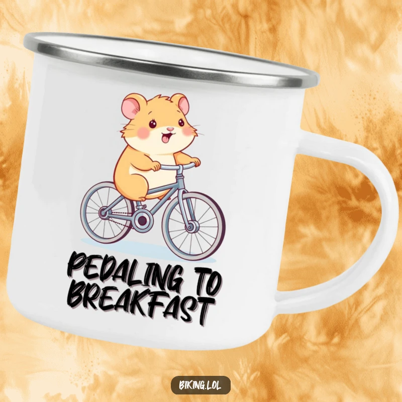 Funny Hamster Power Camping Mug, a hamster pedaling a bicycle, durable and humorous, ideal for outdoor adventures.