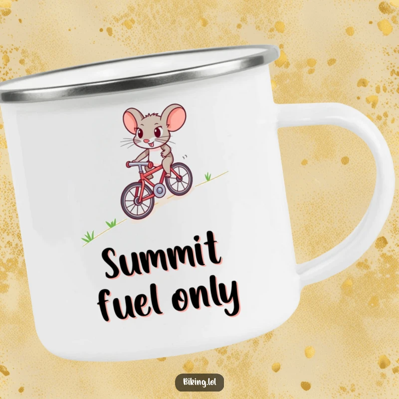 Funny mouse camping mug showing a brave creature pedaling a tiny bicycle uphill, suitable for outdoor adventures and humor.